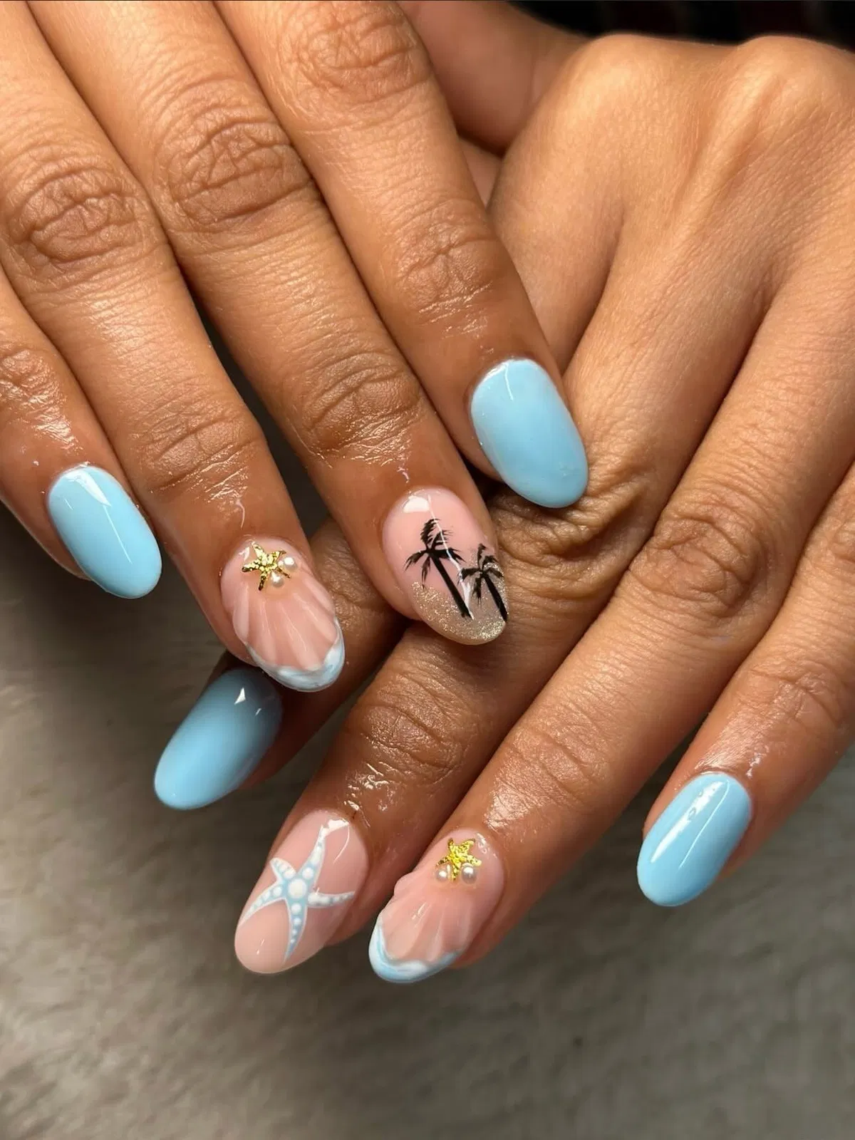 Light blue solids with palm silhouettes and starfish accents
