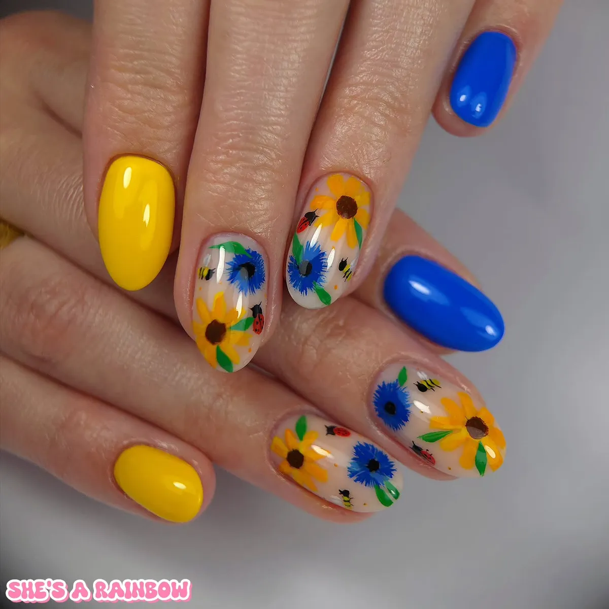 Bold blue-and-yellow mix with floral and insect illustrations