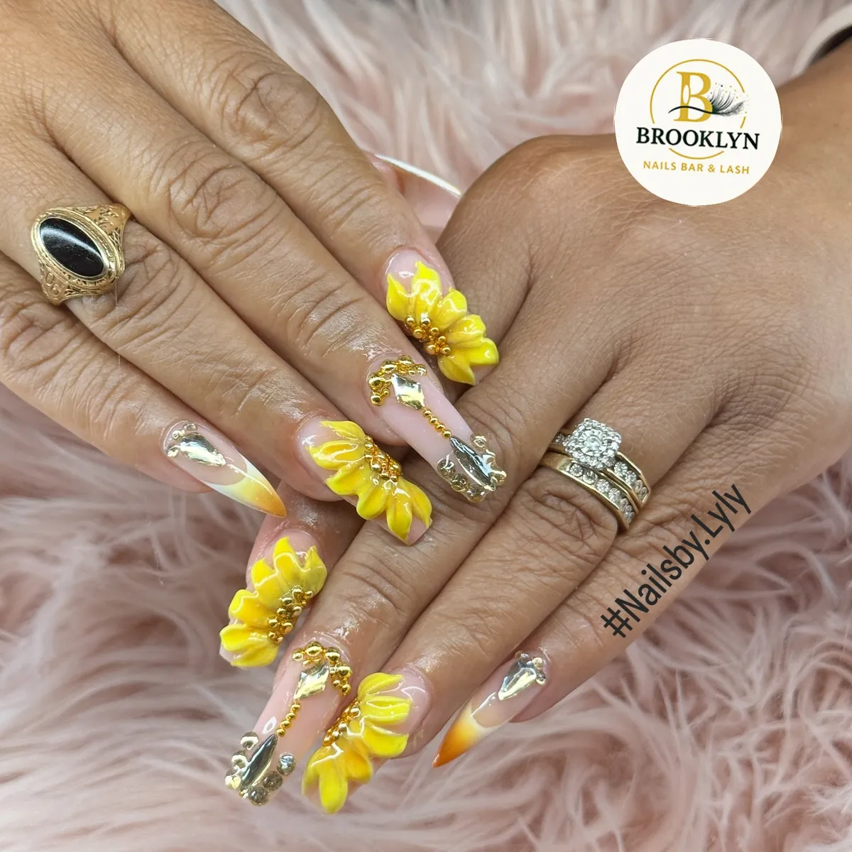 Embellished 3D-style yellow petals with gold beads and silver accents