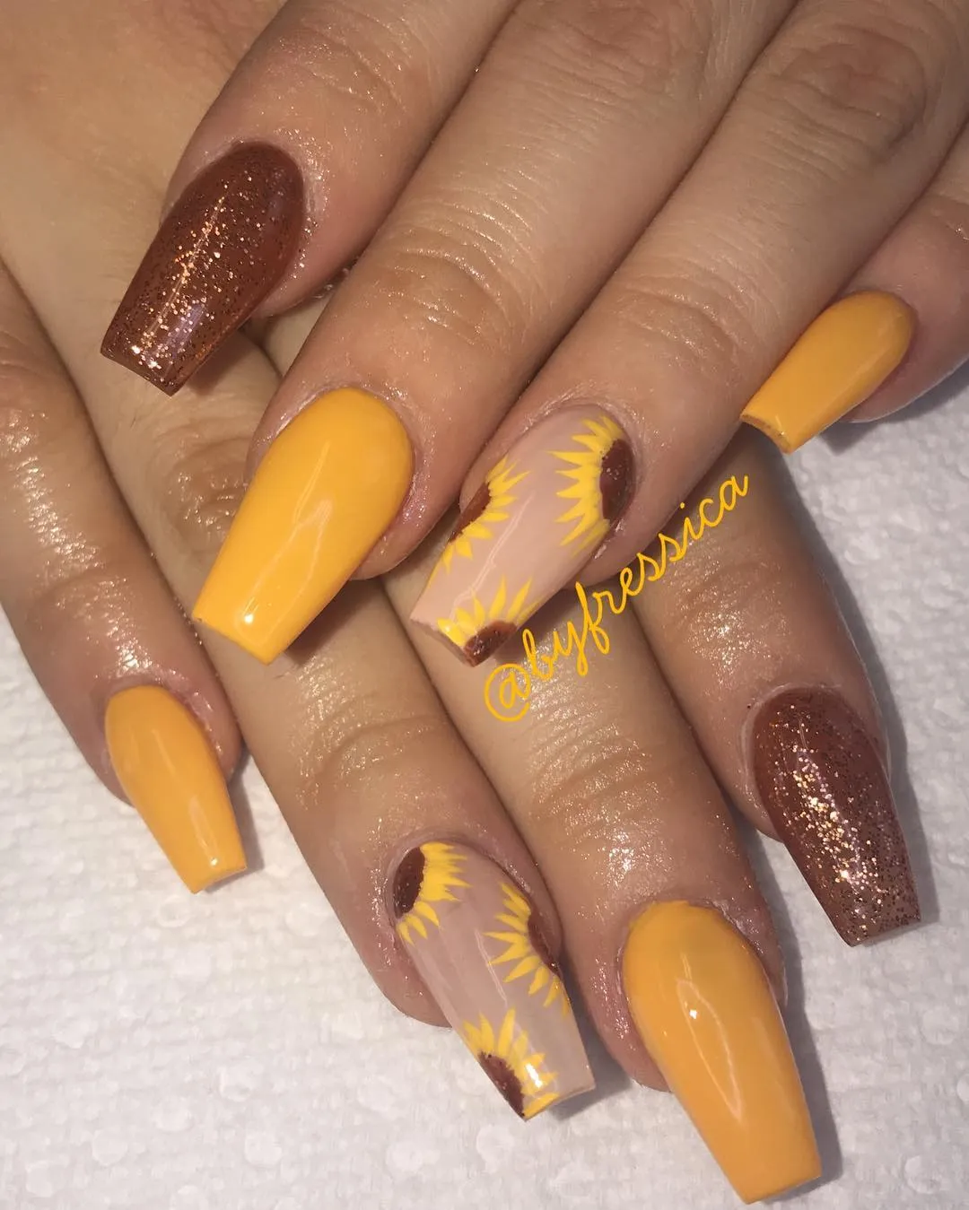 Mustard yellow and brown glitter with sunflower-edge accents