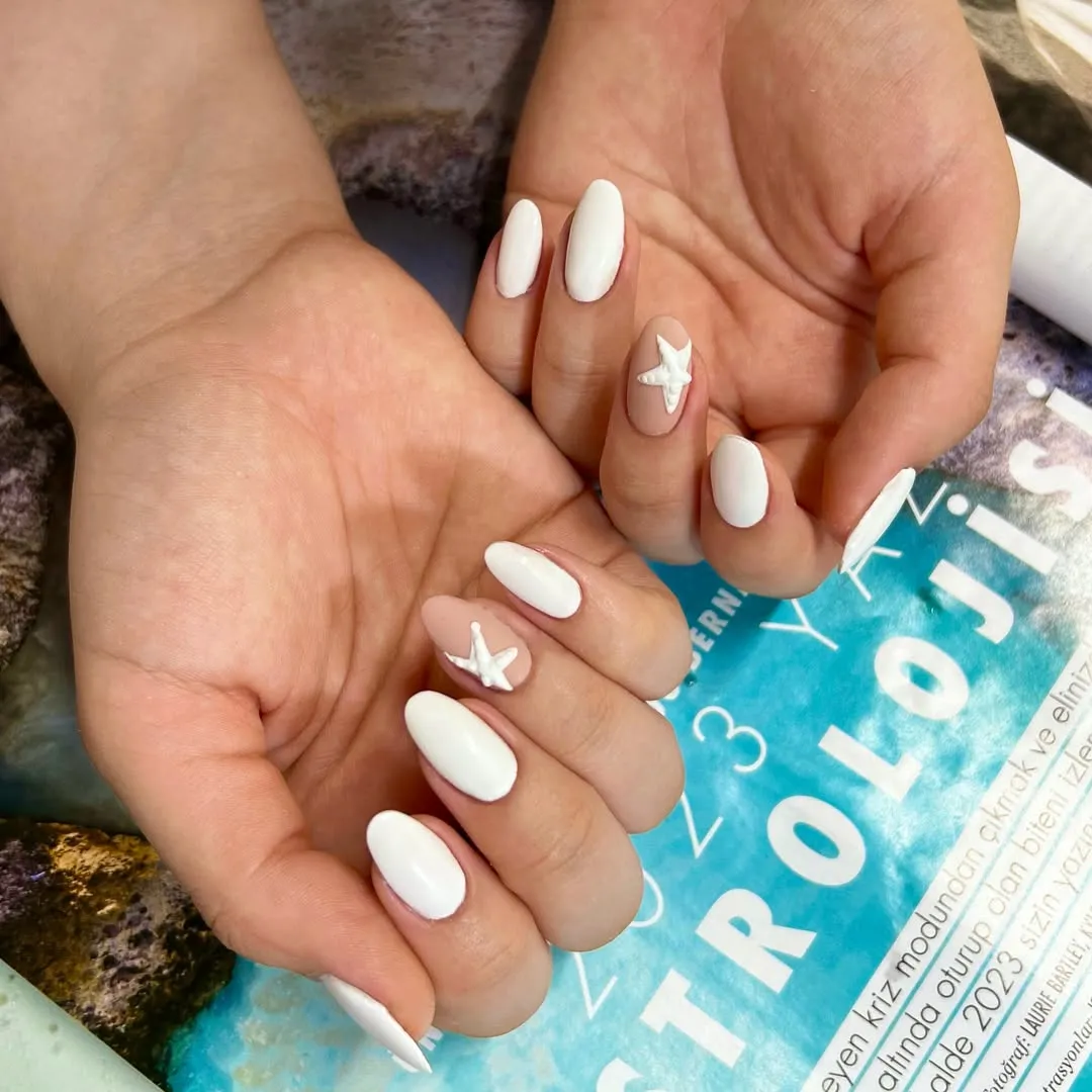 Glossy white almonds with 3D starfish accents