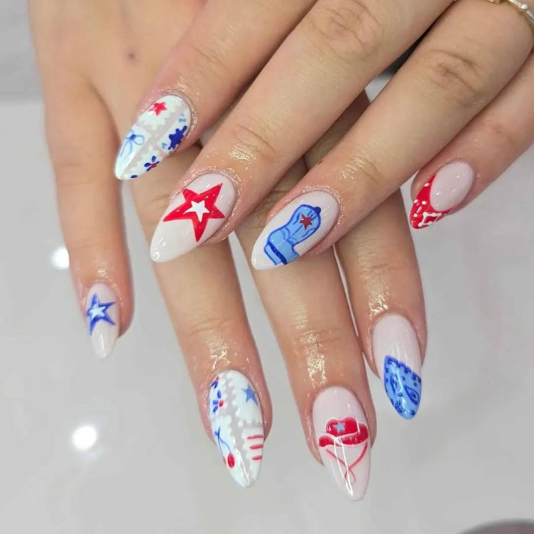 Milky white base with red-and-blue graphic accents