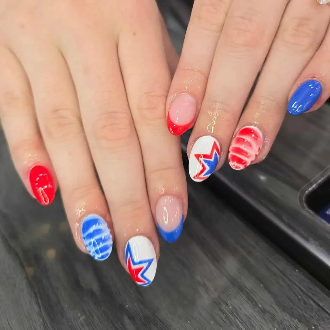 Glossy red-and-blue tips with star and wave accents