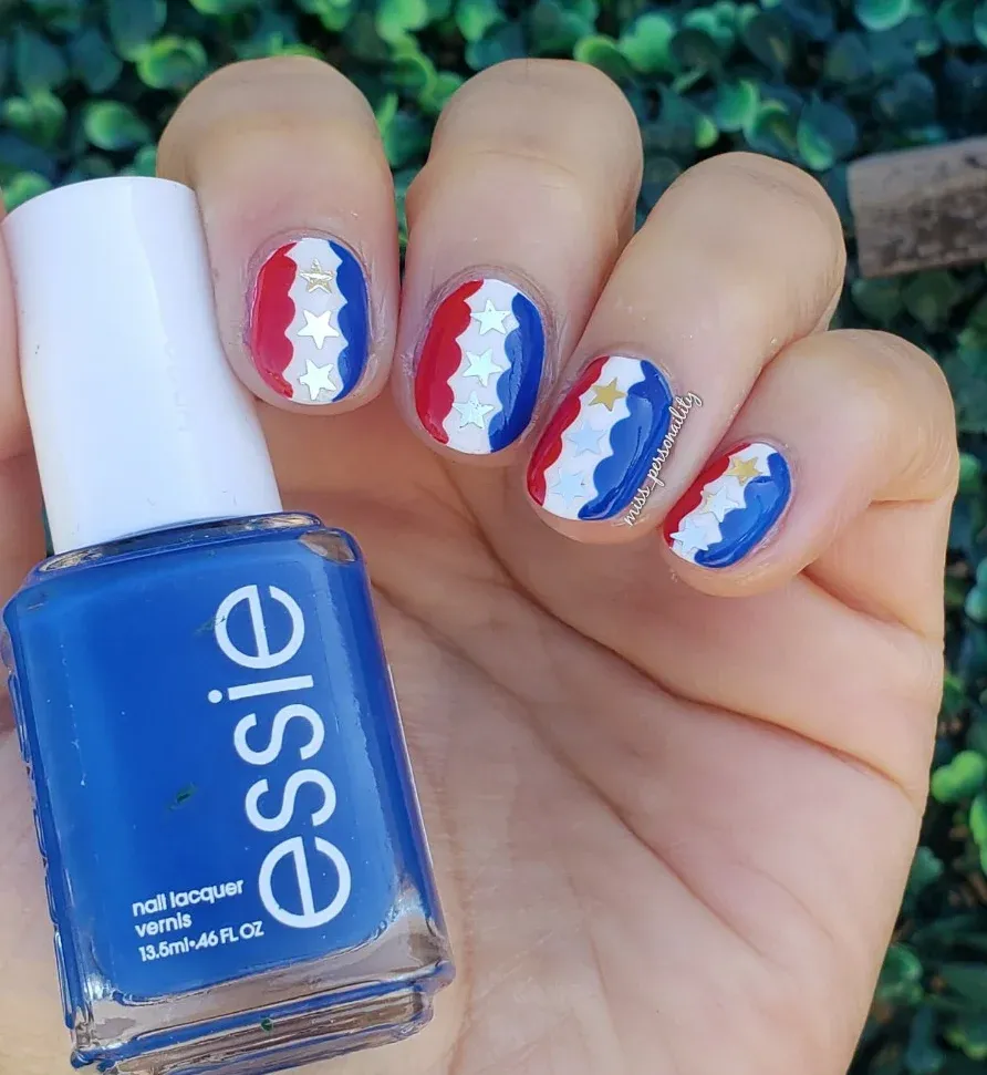 Wavy red-white-blue panels with star accents