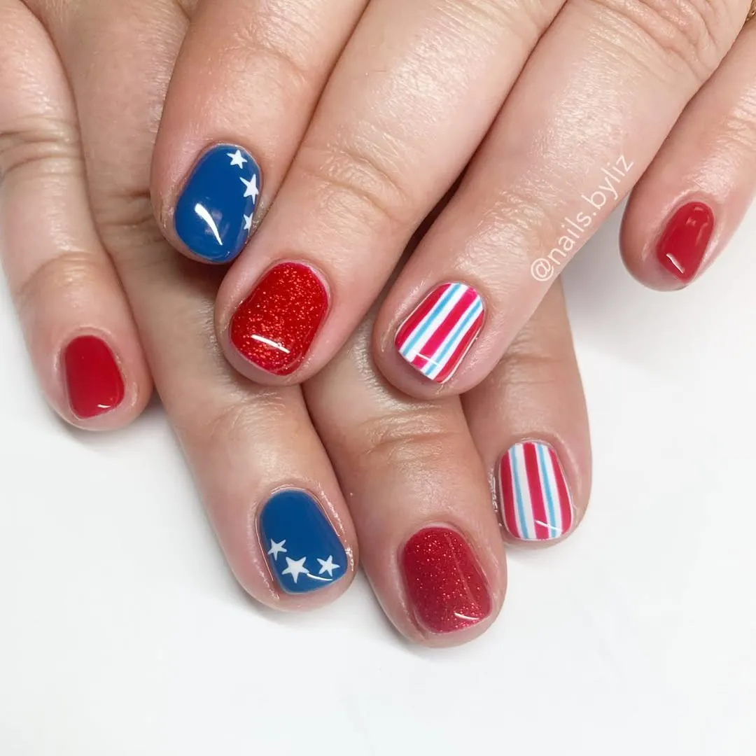 Red and blue mix with stars and multicolor stripes