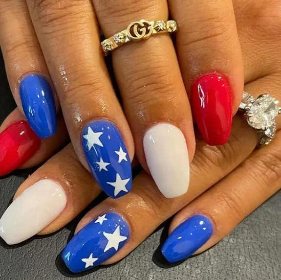 Glossy Red, White, and Blue with Star Feature Nails