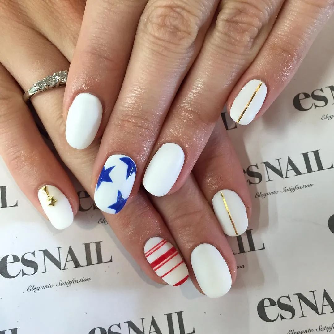 Minimal White Set with Red Stripes, Blue Stars, and Gold Accents