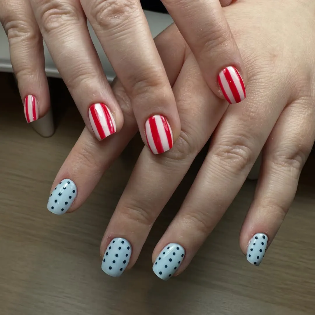 Red-and-White Stripes with Polka-Dot Accent Nails