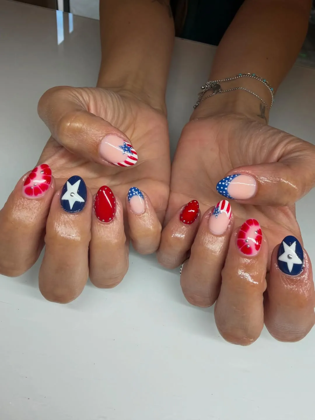 Mixed patriotic accents with rhinestone studs and dotted tips