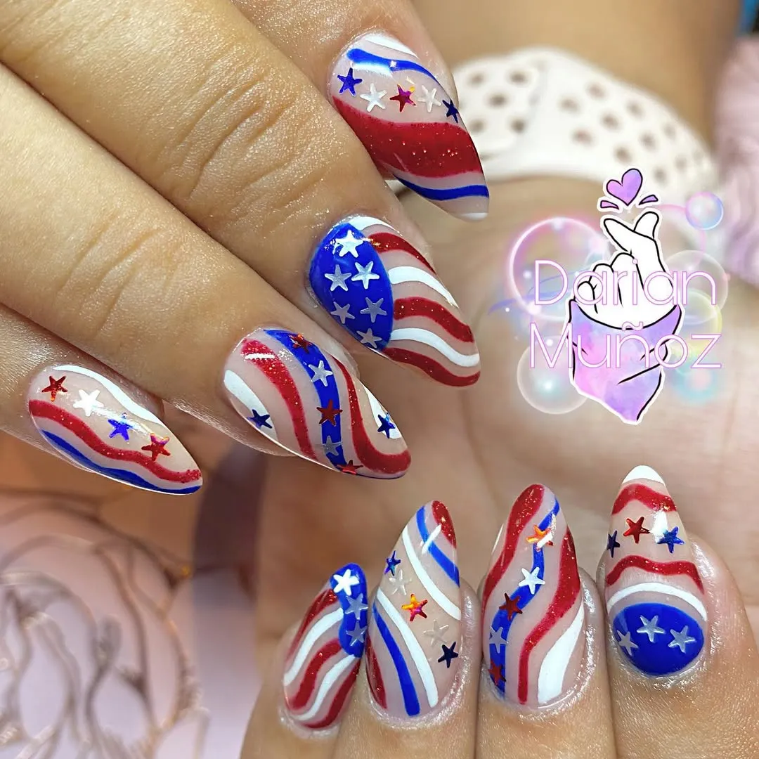 Wavy red-and-blue stripes with star confetti accents