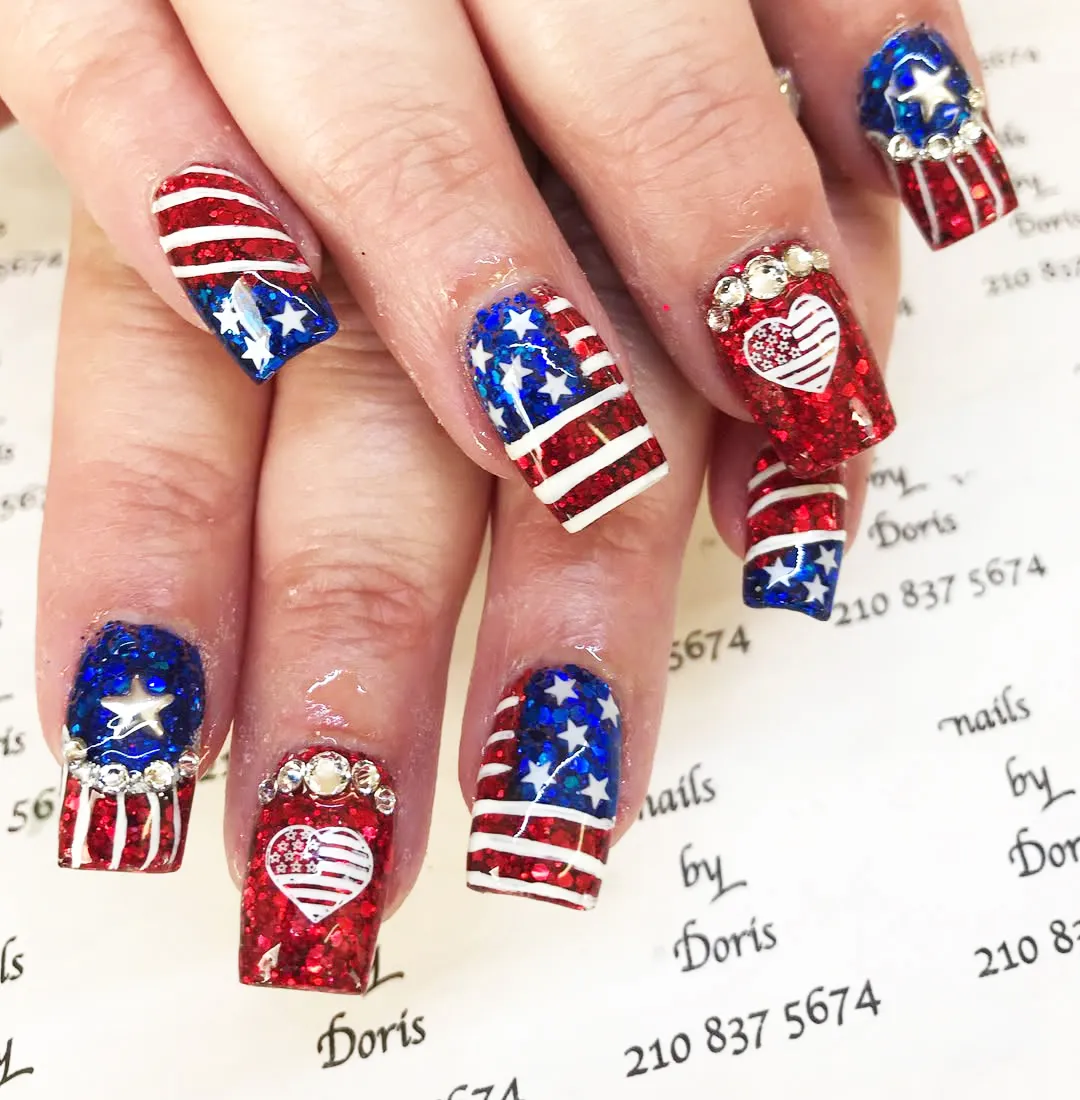 Glitter stars-and-stripes with rhinestones and heart accent