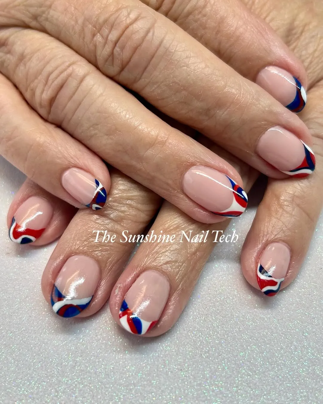 Nude Base with Curved Red/White/Blue Tip Accents