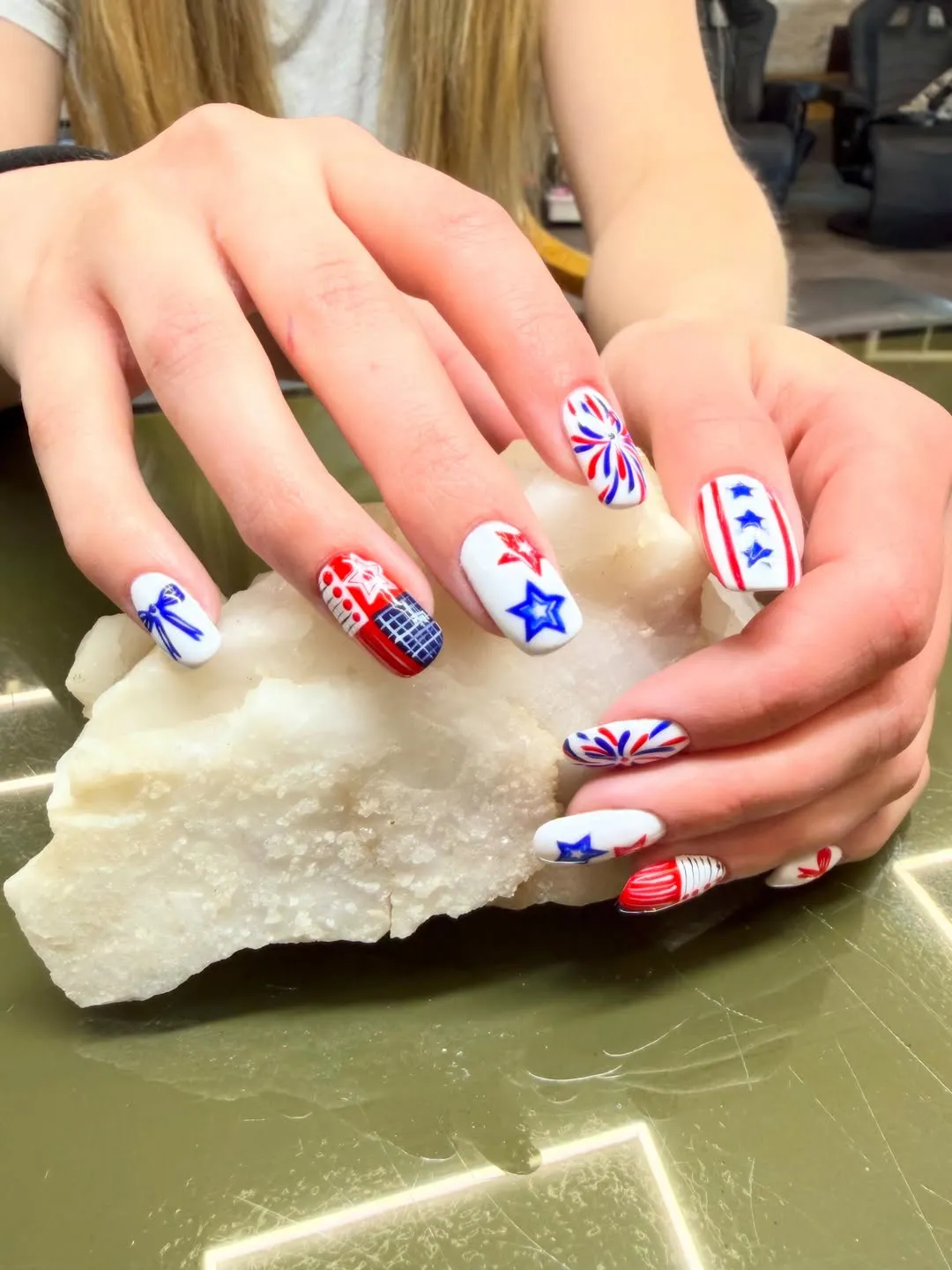 Long white-base set with stars, stripes, and pinwheel motifs