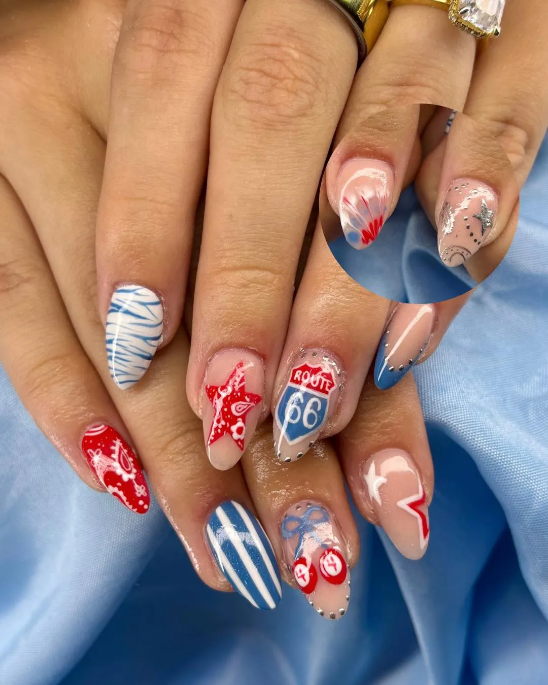 Route 66 and Graphic Red-Blue Nail Art