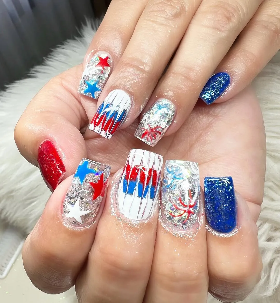 Chunky silver glitter with star overlays and drip accents