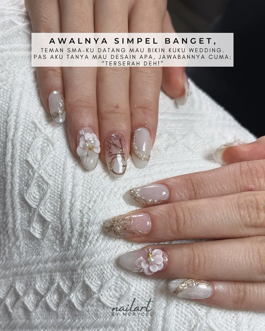 Milky nude with gold glitter edging and 3D flowers