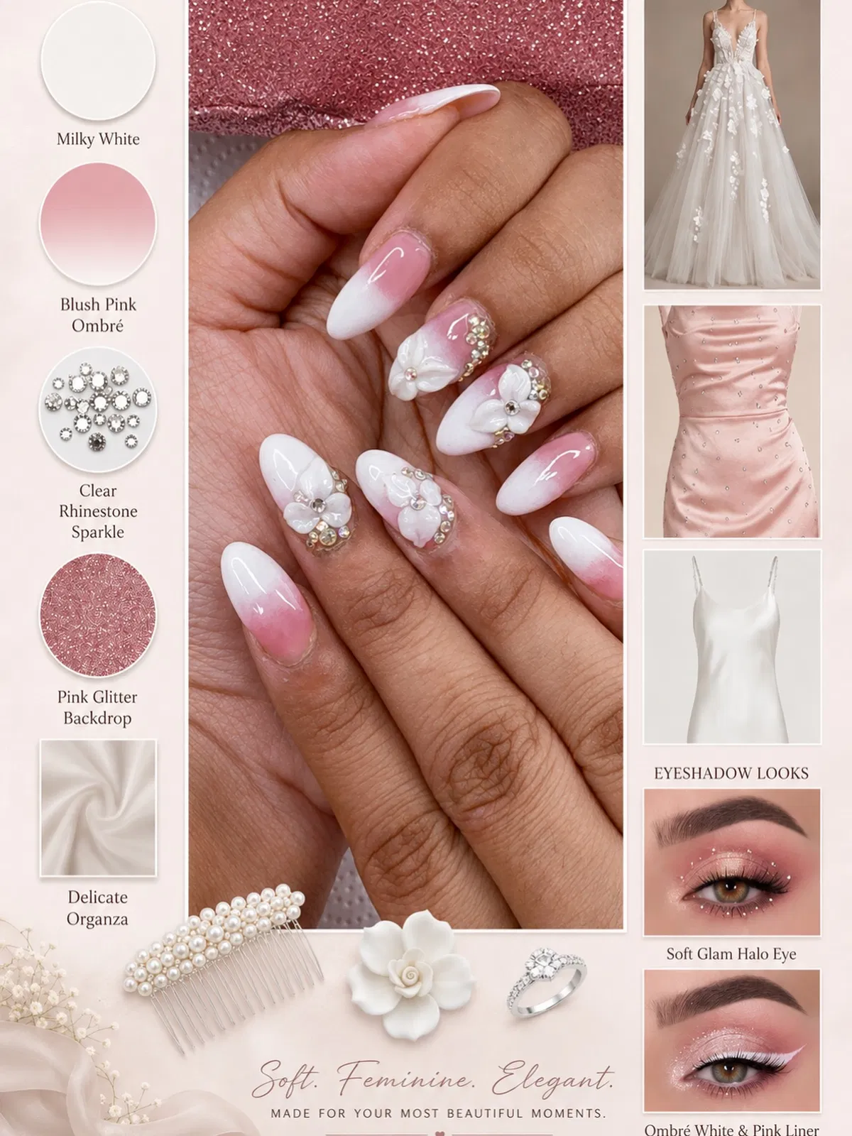 Pink-to-white ombré with 3D flowers and rhinestone clusters (collage)
