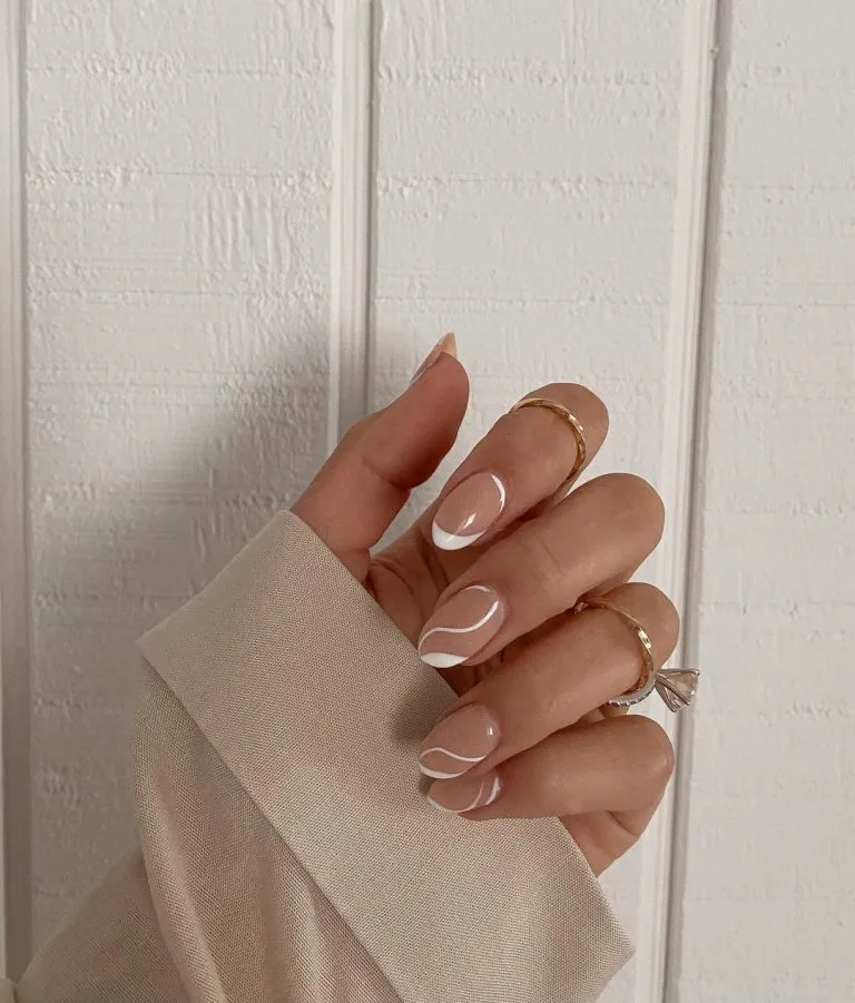 Minimal nude nails with white wavy line art