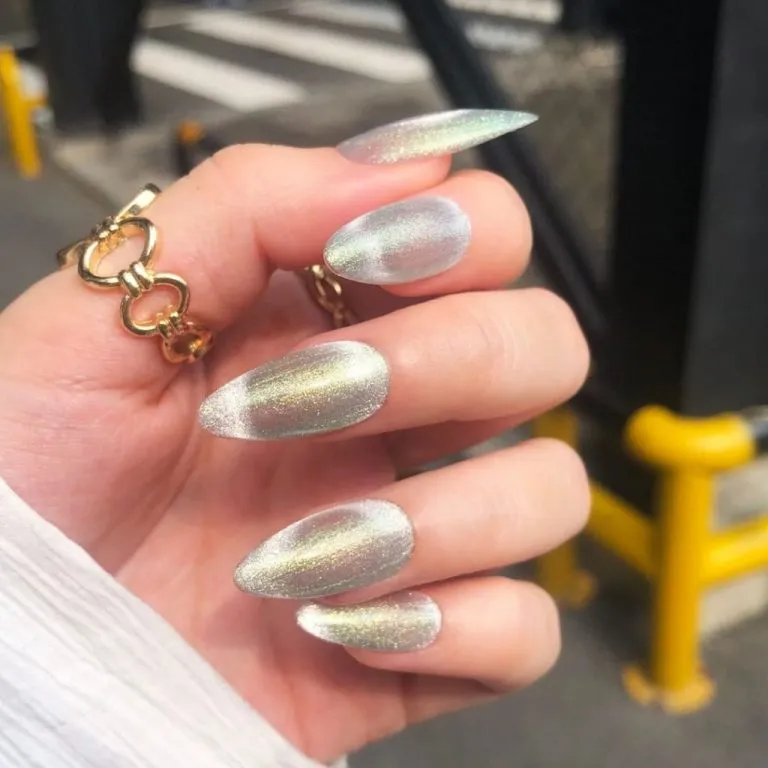 Metallic silver shimmer almond nails