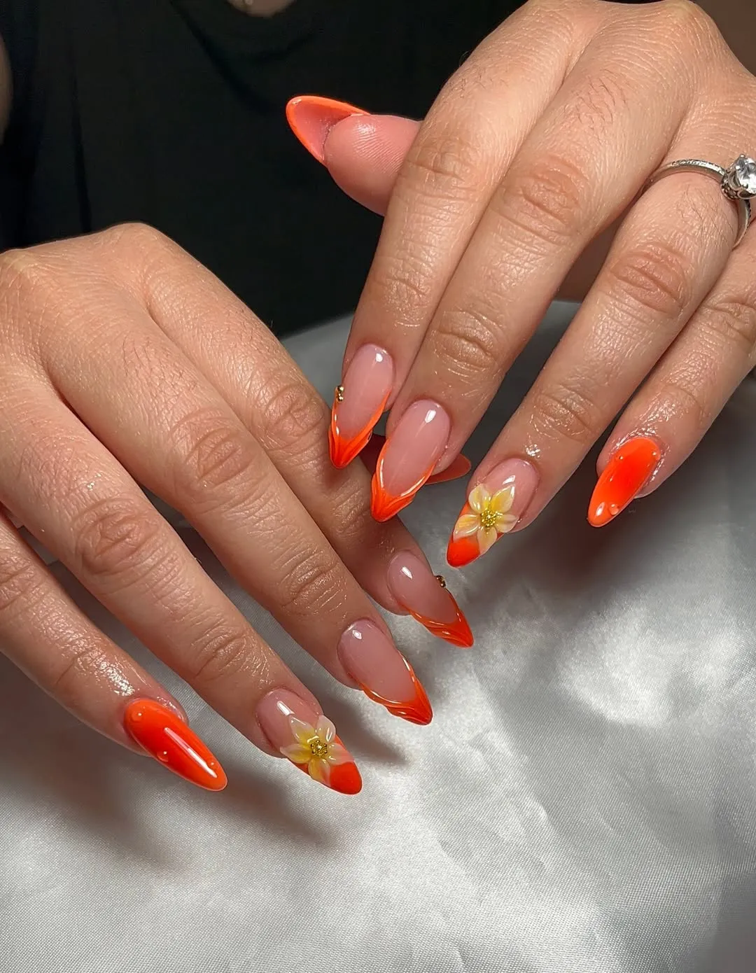 Orange French Tips with Yellow Flower Accents