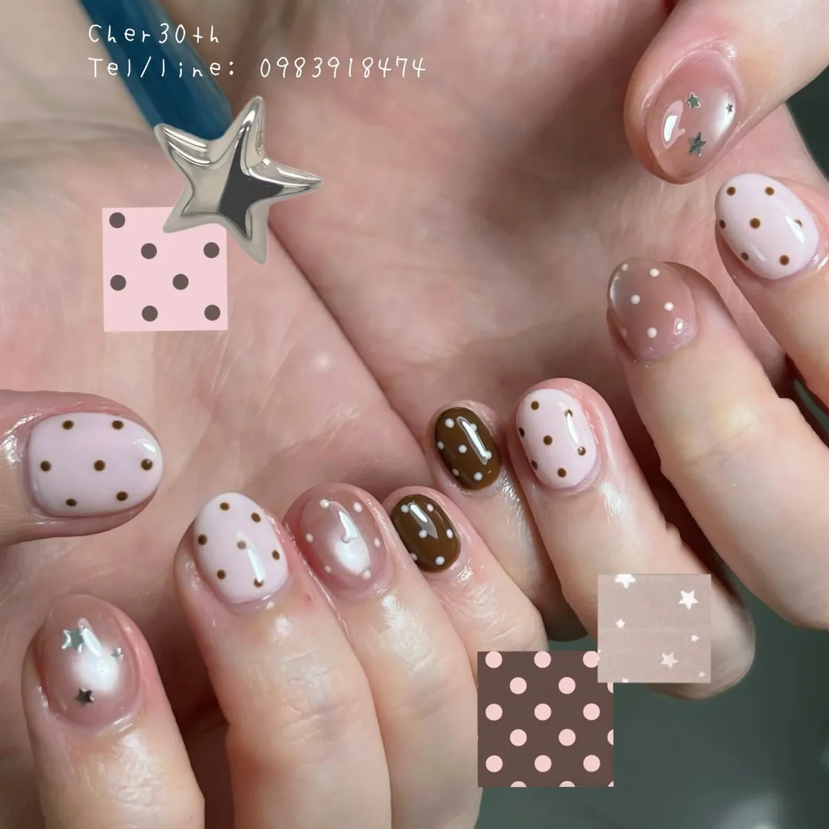 Short pink-and-brown polka dots with star accents
