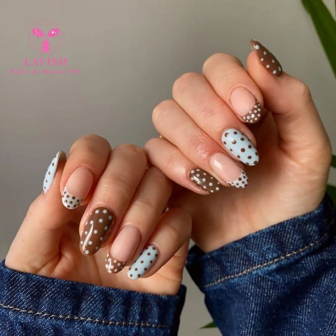 Brown polka dots paired with light blue polka-dot accents