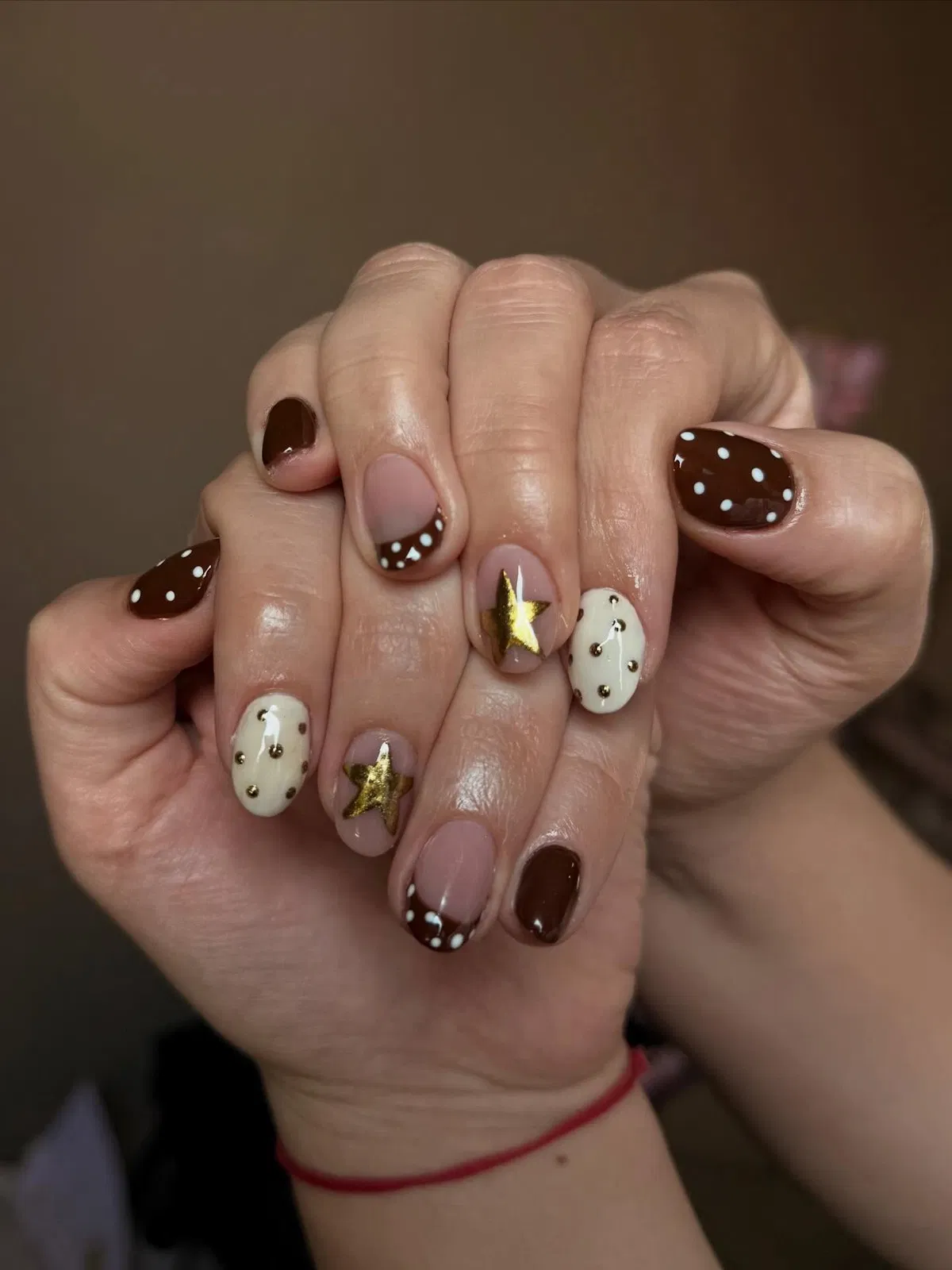 Short brown polka dots with star and dot accents