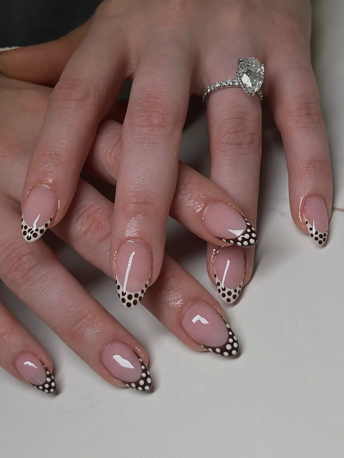 Nude Base with Polka-Dot French Tips in Brown and Cream