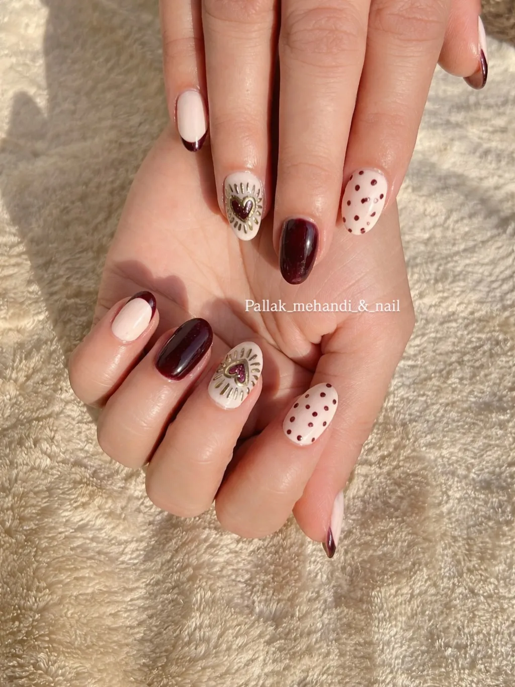 Short burgundy set with polka-dot and heart accents
