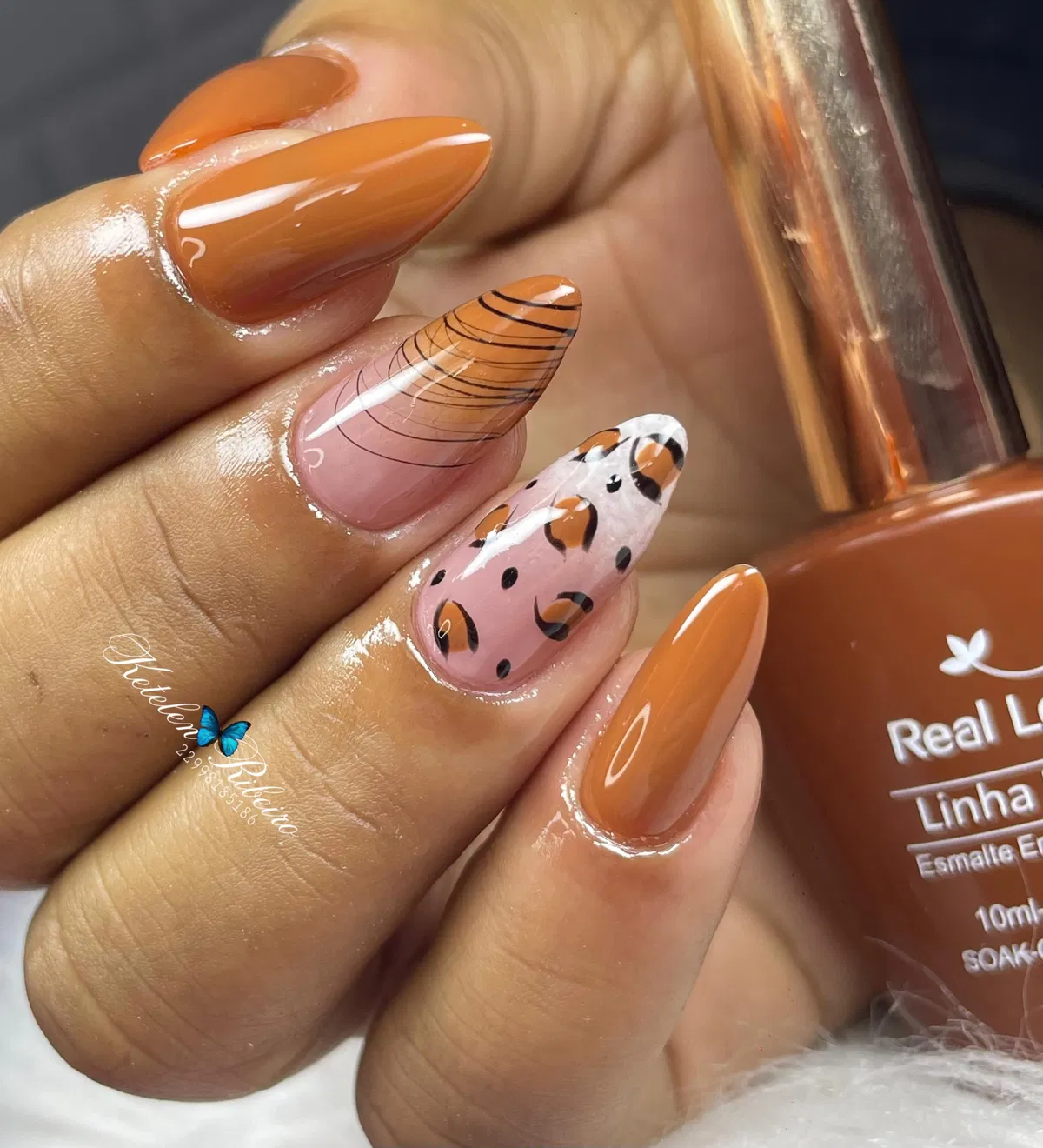 Burnt orange with linework and spotted accents