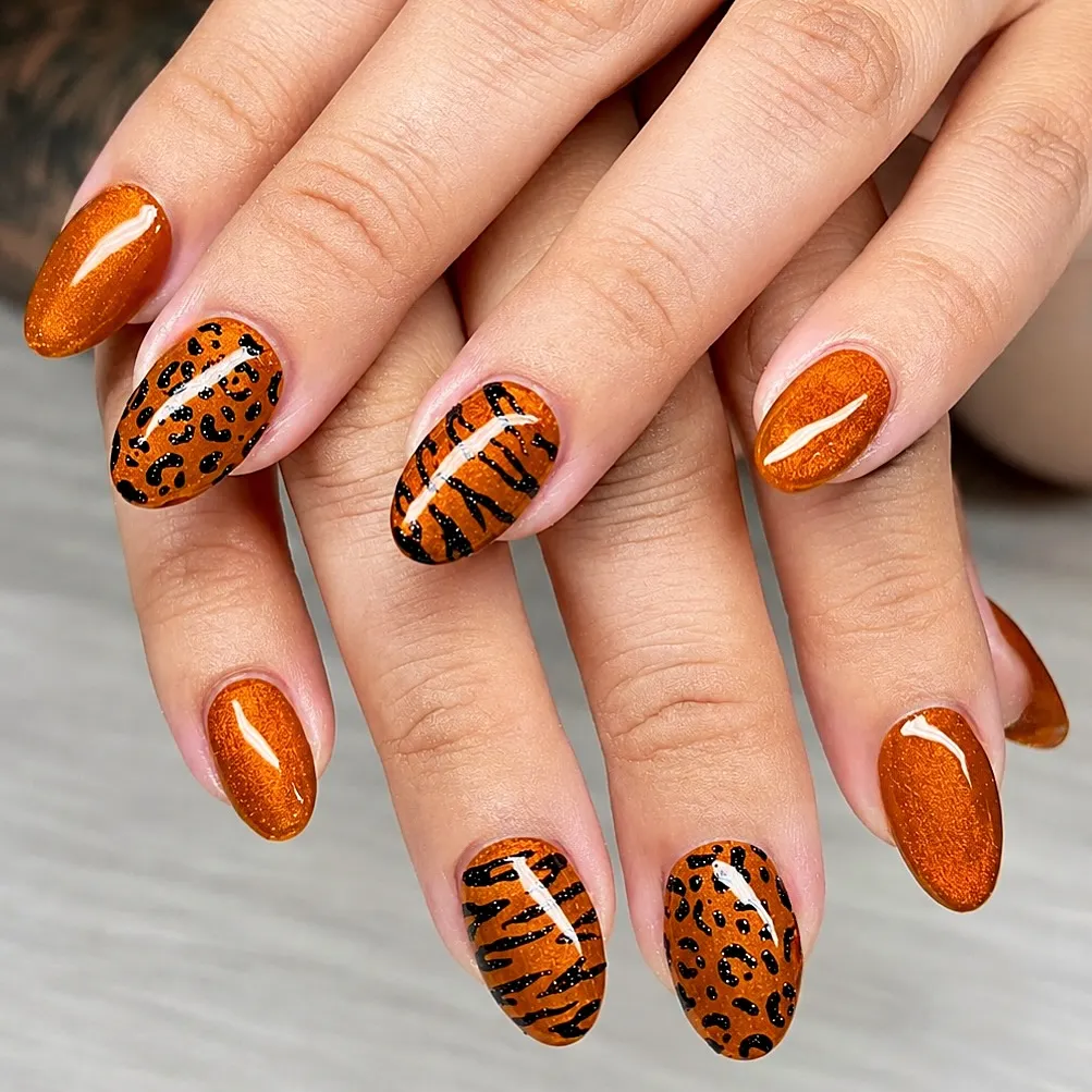 Shimmery burnt orange with animal-print accents