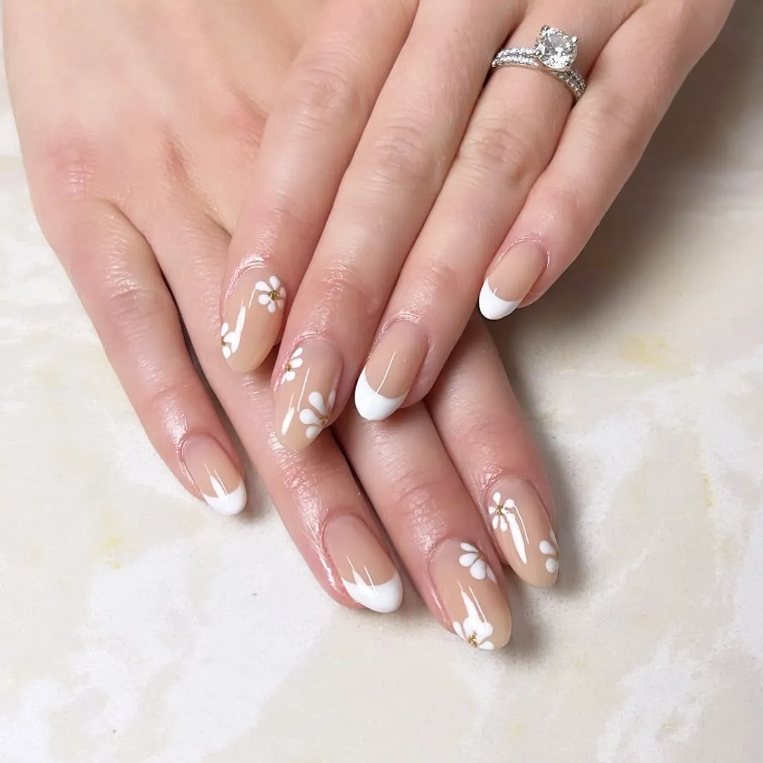 French Tips with Small White Daisy-Like Florals