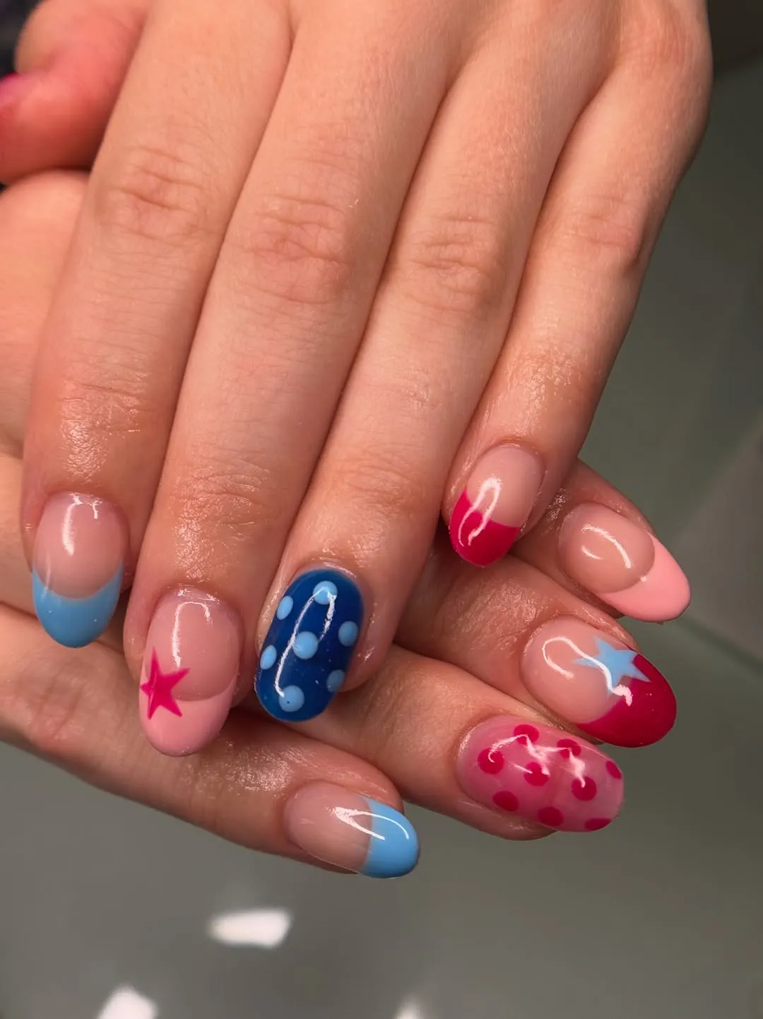 Pink and Blue Tips with Polka Dots and Stars