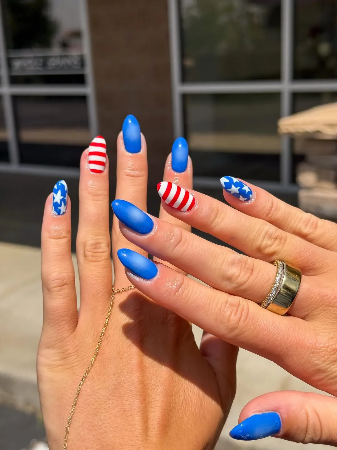 Solid blue with simple stars-and-stripes accents