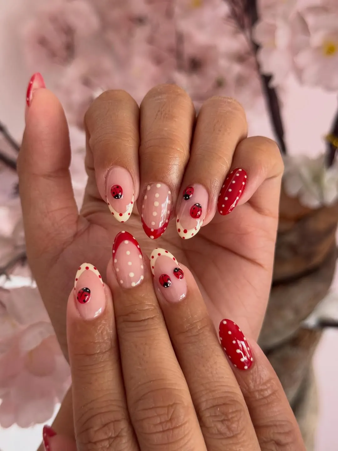 Red-and-cream polka dots with ladybug accents