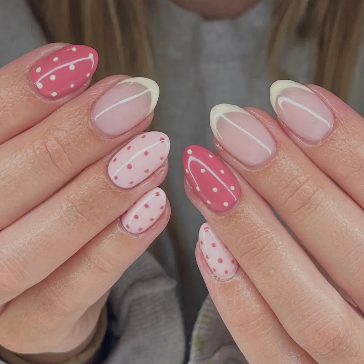 Pink polka dots with minimal white line accents
