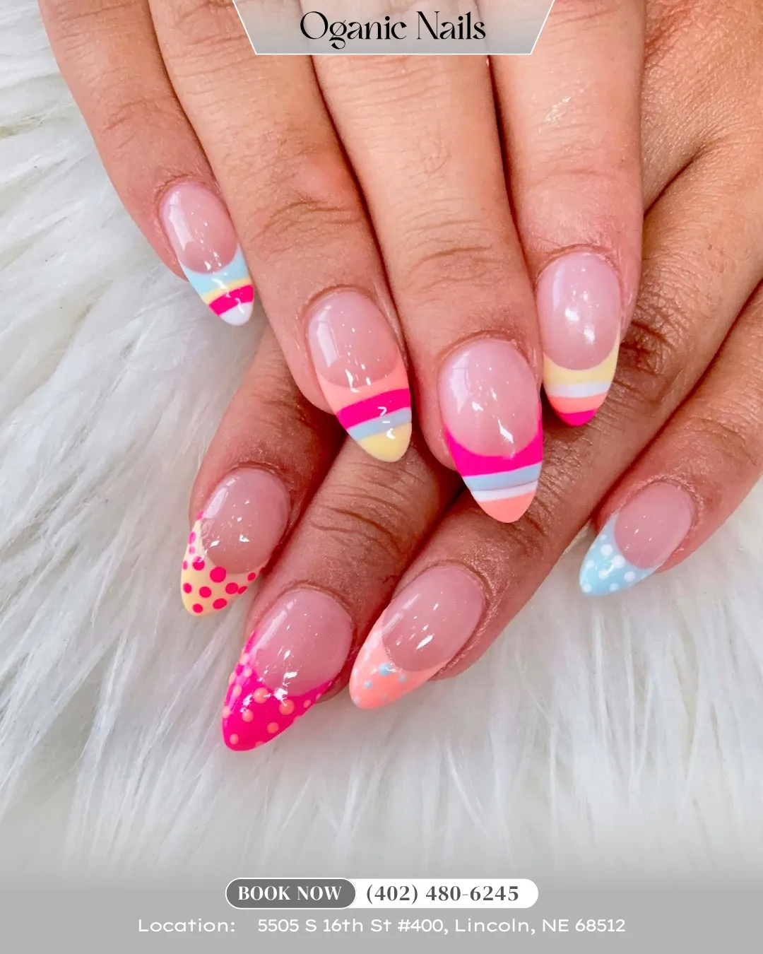 Striped and polka-dot French tips in bright colors
