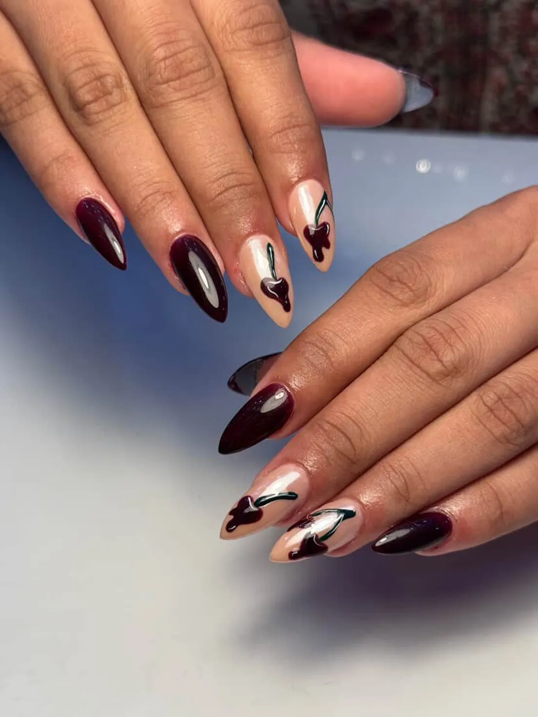 Dark cherry solids with minimal fruit-and-stem accents