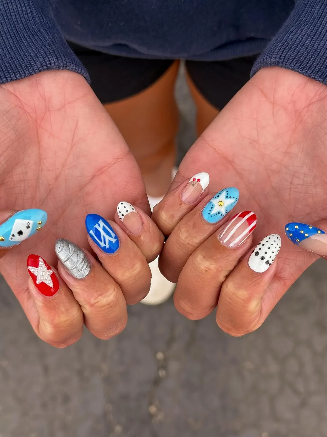 Eclectic mix with silver accent, studs, polka dots, and beaded star detail