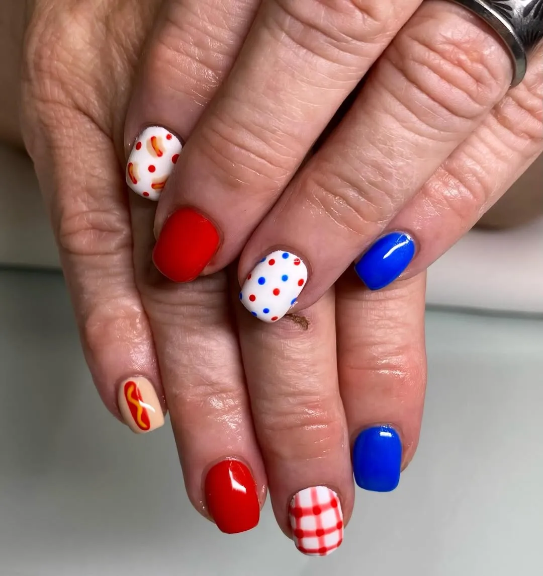 Red/blue solids with polka dots, grid accents, and playful squiggle details