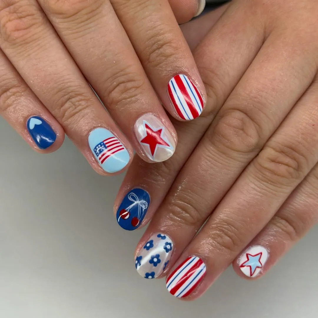 Short patriotic mix: stripes, stars, florals, and bow detail