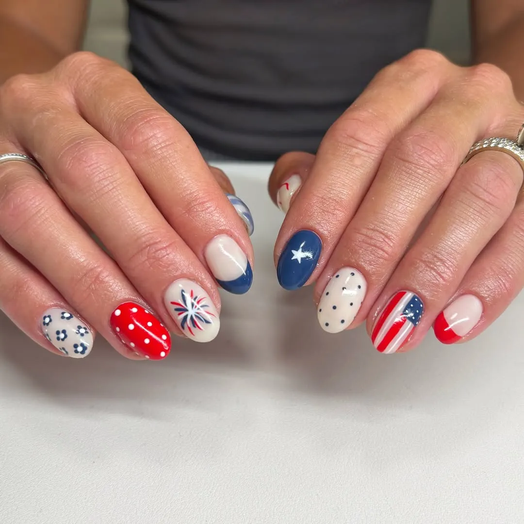 Short mix: fireworks burst, florals, stars, dots, and French tips
