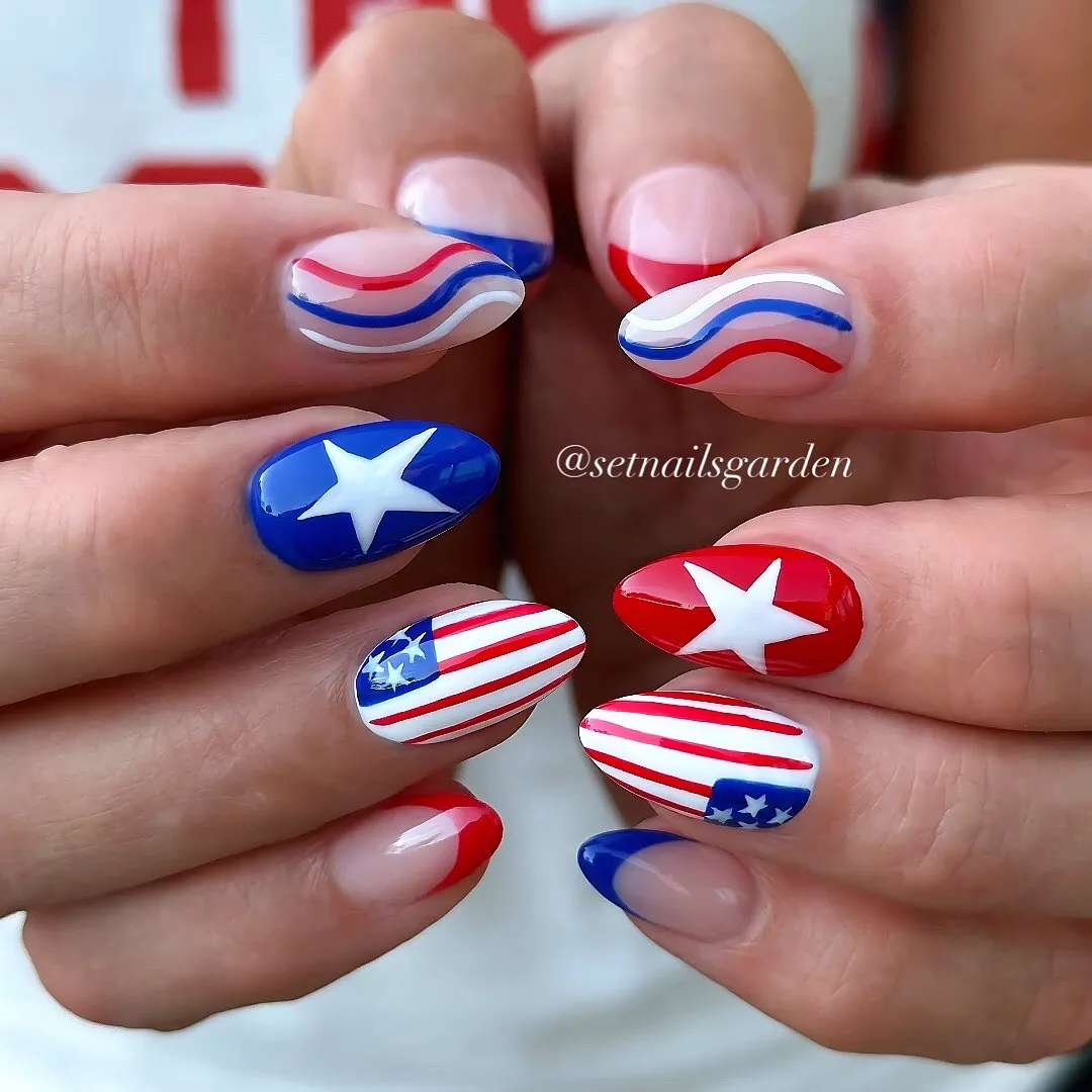 Wavy lines with bold star nails and striped flag-style accents