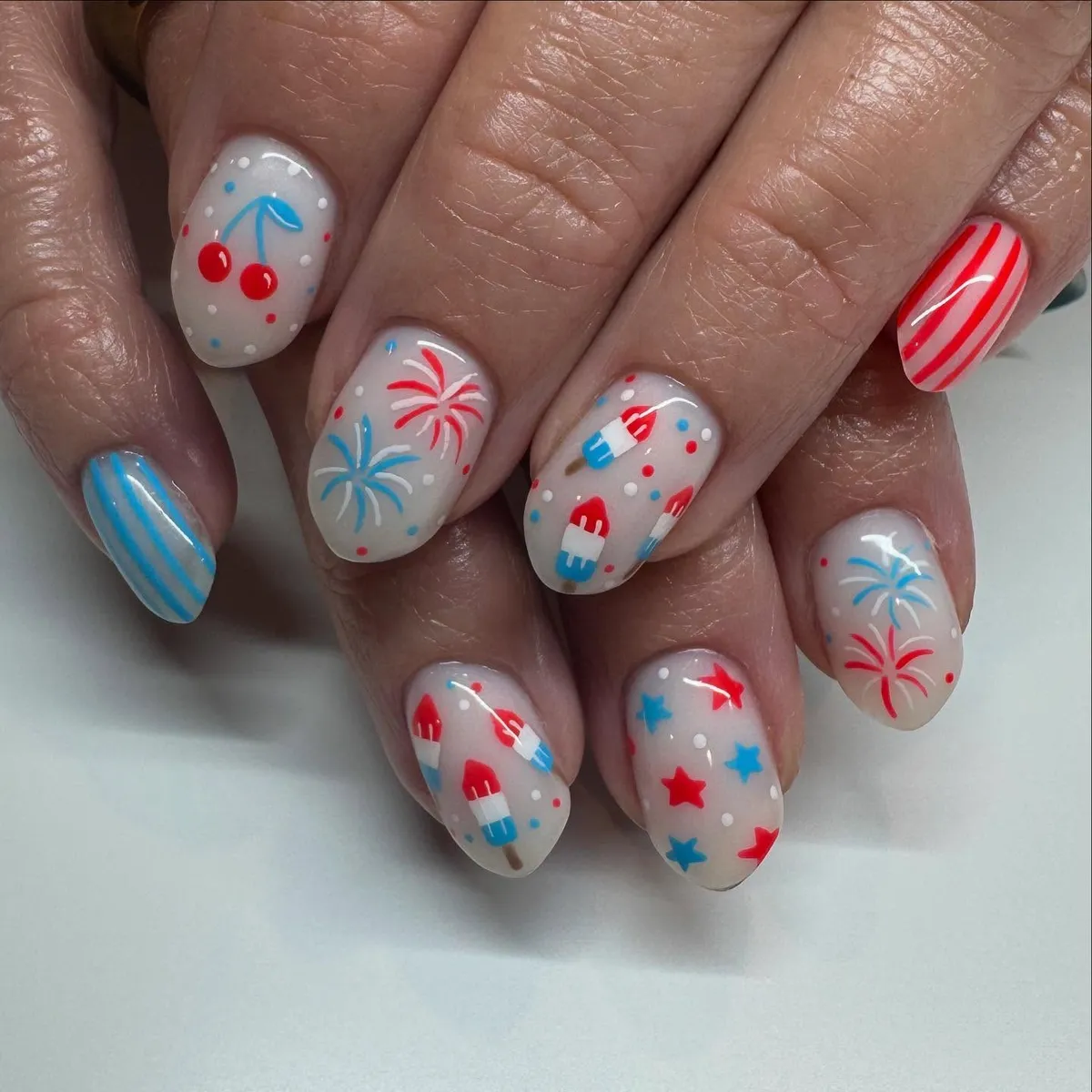 Sheer base with confetti dots, bursts, popsicles, and cherries