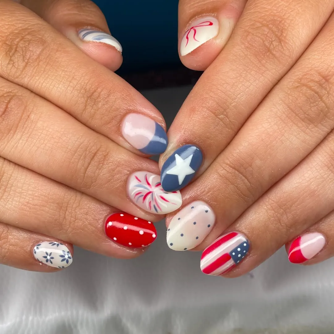 Short glossy set with star, polka dots, stripes, and a burst accent