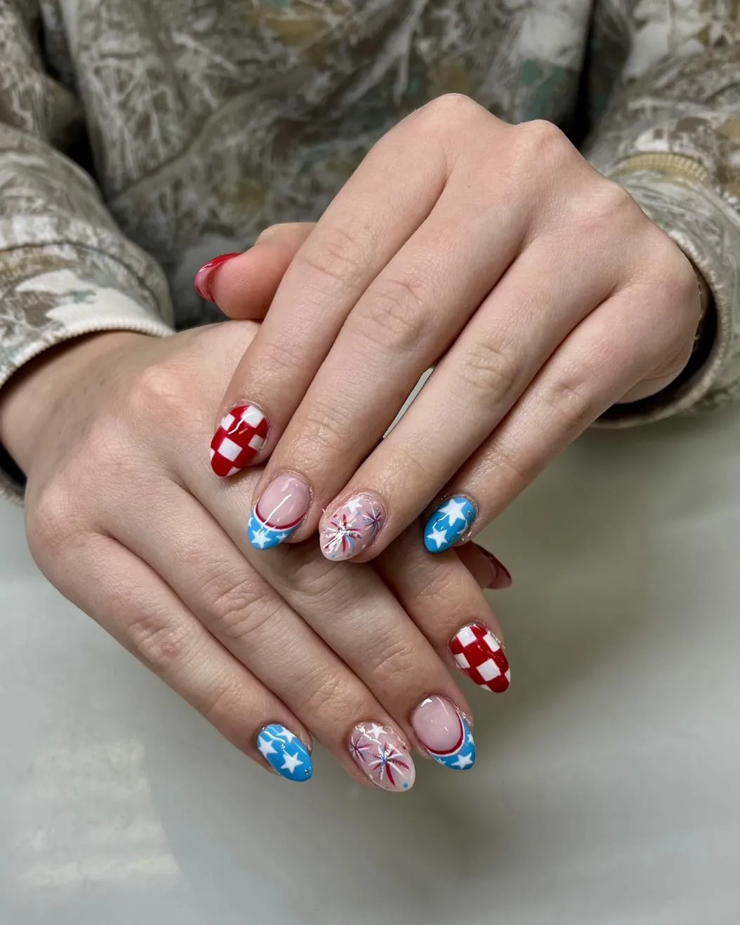 Checkerboard, star blocks, and small firework bursts