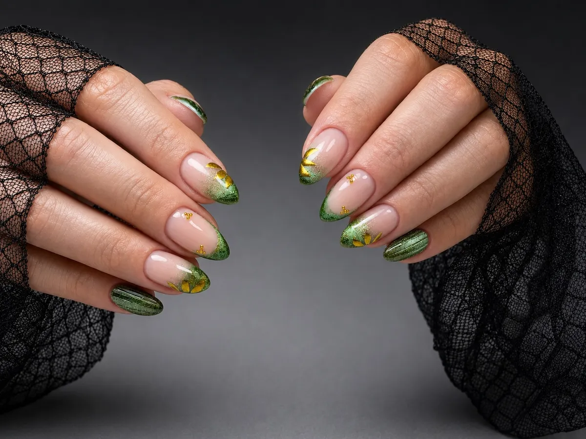 Green gradient French tips with gold leaf shapes and bead accents