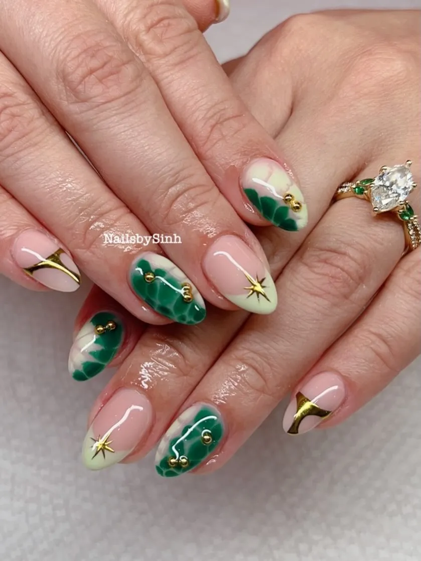 Nude base with green marble and gold star accents
