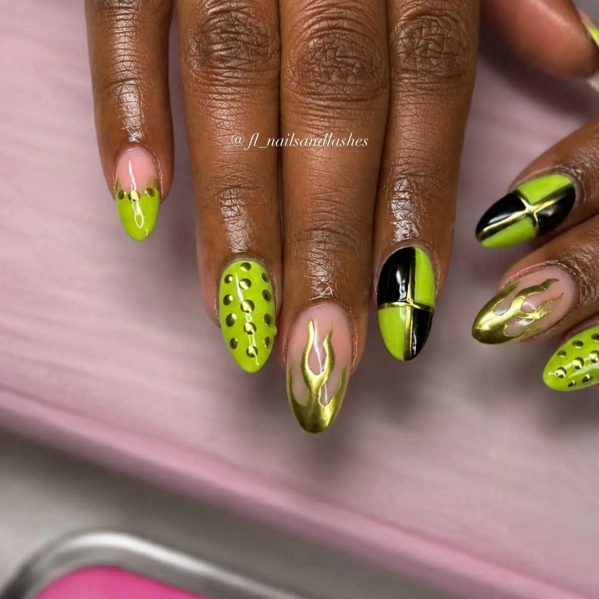 Neon green and black with metallic gold graphic accents