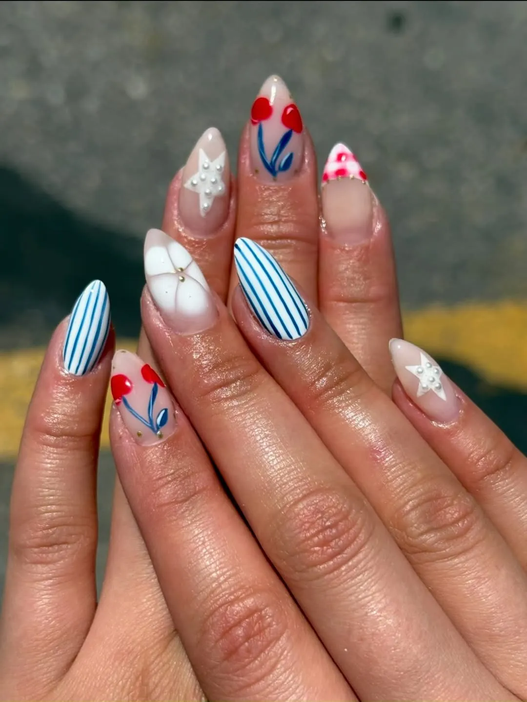 Blue stripes, cherry accents, and raised star details